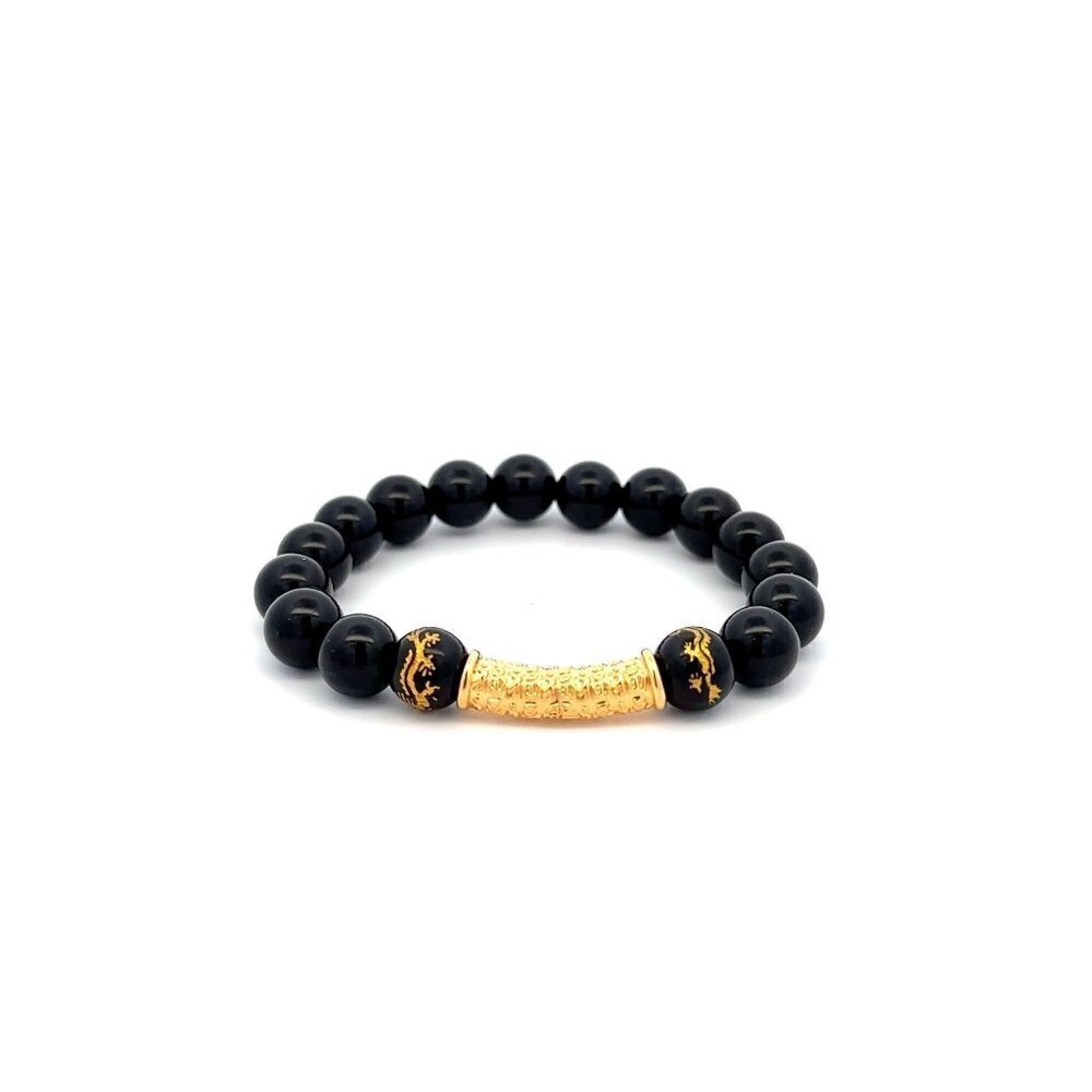 18K Gold Tube Lucky Charm Bracelet Gemstones Black Carved Onyx 8mm